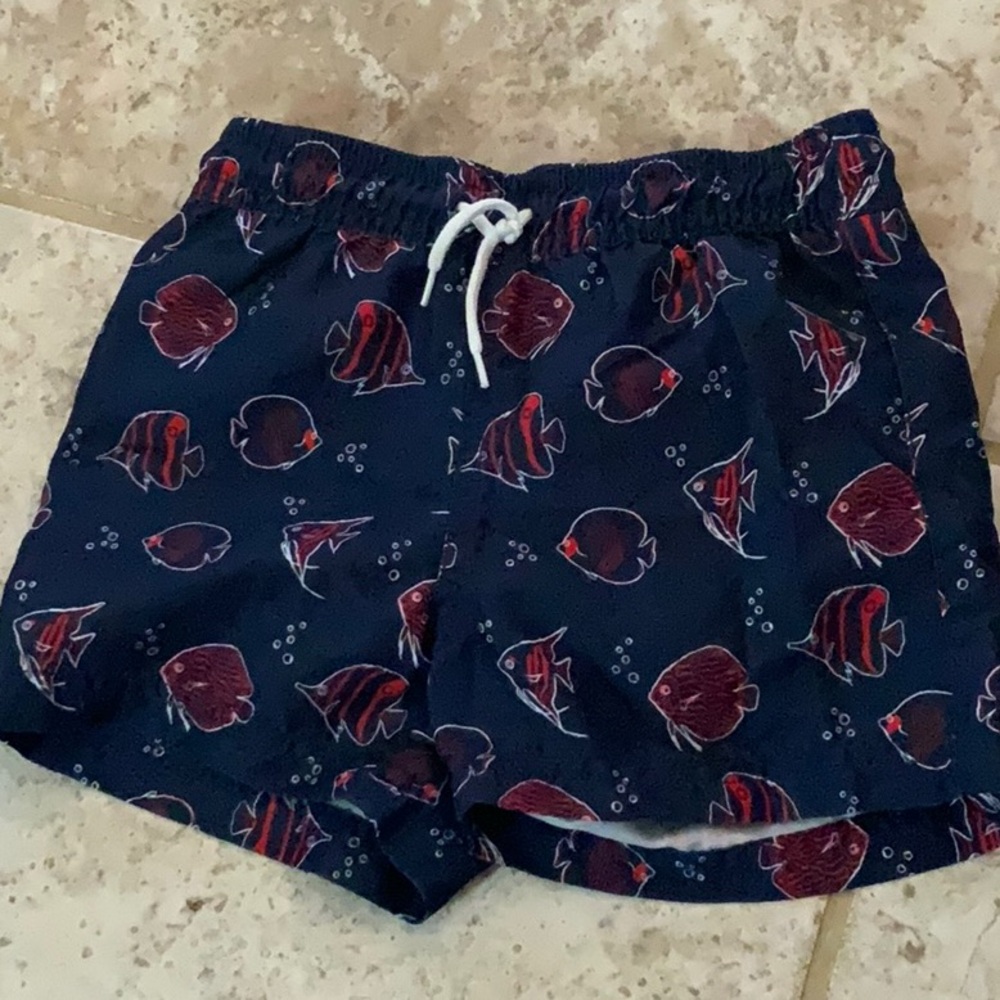 Janie and Jack Kids Swim Shorts - Navy with Fish Print